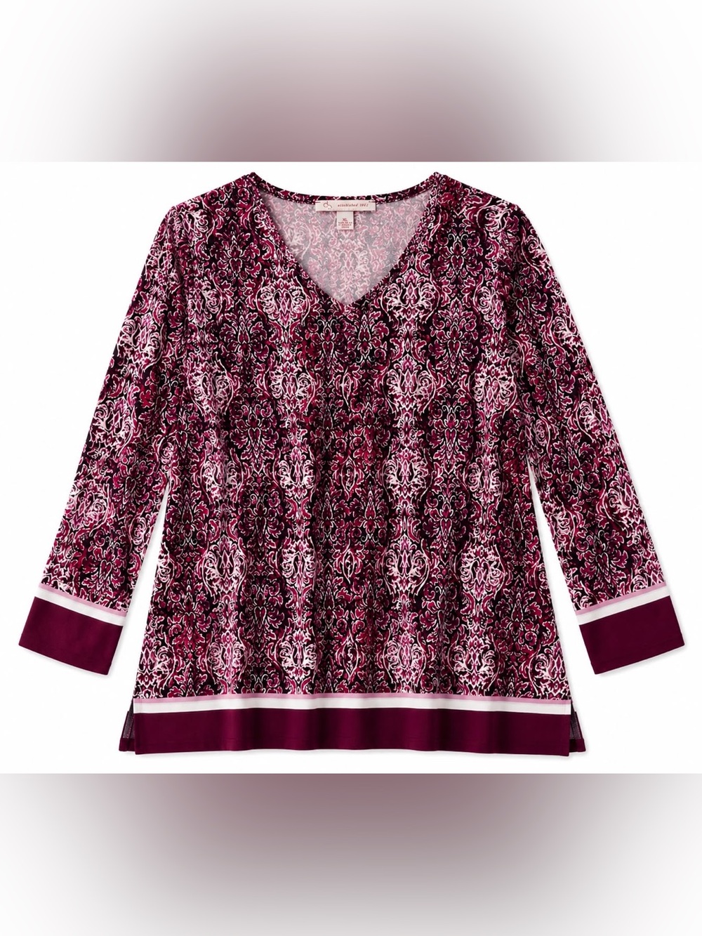 V-Neck Long Sleeve Tunic Top - Burgundy Pink Print